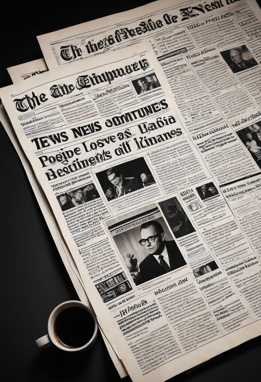 A visual timeline illustrating the evolution of news consumption, featuring a vintage newspaper on one side transitioning into a vibrant digital news blog interface on the other. Include elements like a coffee cup, a smartphone displaying news articles, and iconic newspaper headlines fading into pixelated screens, capturing the contrast between traditional and modern media. The background should blend warm, nostalgic tones with sleek, modern digital aesthetics. super-realistic. vibrant colors.