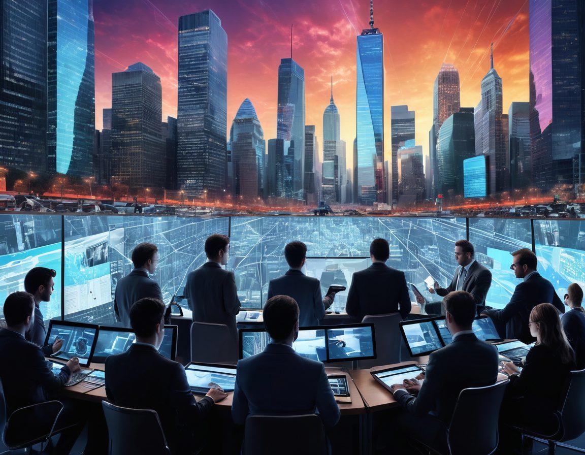 A dynamic scene showcasing a diverse group of journalists using advanced digital devices, reporting news from various locations including a bustling cityscape and a serene countryside. Incorporate elements like social media feeds, breaking news alerts, and vibrant holographic displays to symbolize the rise of digital dominance. The backdrop should reflect a blend of traditional news elements with modern technology. super-realistic. vibrant colors. 3D.